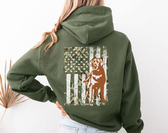 Fox Red Labrador Hoodie, Fox Red Lab Person Unisex Green Camo Hooded Sweatshirt, Grunge American Flag Hunting Dog Shirt