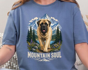 English Mastiff Shirt, Mountain Soul Mastiff Dog Lover Tee, Floral Nature Mastiff Dog Mom Gift, Outdoor Hiking Adventure Dog Graphic T-Shirt