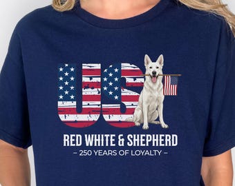 Chemise 250e anniversaire berger allemand blanche, T-shirt drapeau américain patriotique GSD rouge blanc, 1776-2026 États-Unis T-shirt 250 ans Amérique K9 Handler