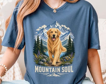 Golden Retriever Shirt, Golden Dog Lover Top, Floral Nature Golden Dog Mom Gift, Outdoors Mountains Hiking Adventure Hunting Dog Graphic Tee