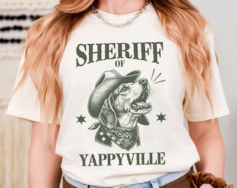 Chemise beagle, cadeau pour amoureux des chiens lévriers parfum shérif de Yappyville, t-shirt couleurs confort pour chien beagle cowboy western country drôle