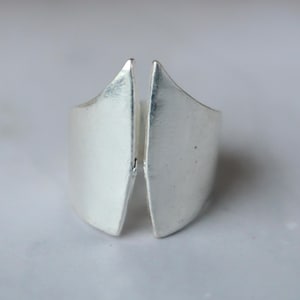 May include: A silver-colored ring with a unique design. The ring features two curved, wing-like shapes that are separated by a small gap. The ring has a smooth, polished surface and a modern aesthetic.