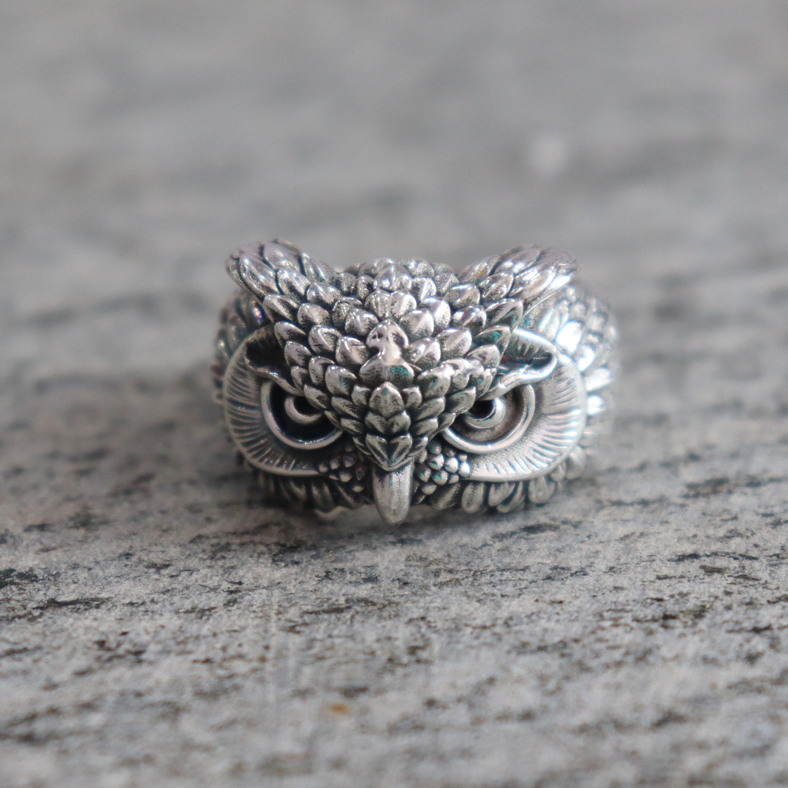 Owl Head Ring, 925 Sterling Silver, Bird Lover Jewelry, Gothic Owl Ring Animal Statement Ring, Handm
