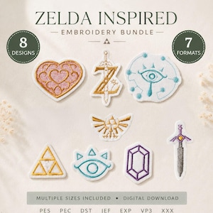 Pode incluir: Conjunto de bordado inspirado em Zelda com 8 designs e 7 formatos. O download digital inclui patches bordados de um coração rosa, uma espada dourada com um Z, um símbolo de olho azul, um emblema dourado, um triângulo dourado, um olho azul, uma gema roxa e uma espada.
