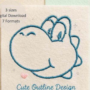 Pode incluir: Um quadrado bege claro com um contorno azul-petróleo de uma cabeça de dinossauro de desenho animado. O texto "3 tamanhos, Download digital, 7 formatos" está em um círculo branco. As palavras "Cute Outline Design" estão na parte inferior, com um coração rosa.