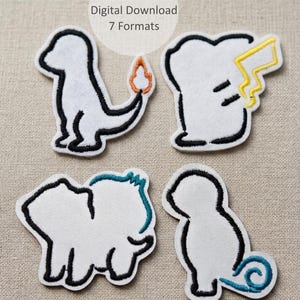 May include: Four white embroidered patches with black outlines, depicting cartoon characters. One has an orange flame tail, another a yellow lightning bolt, and two others have blue accents. The image includes text: "3 sizes Digital Download 7 Formats."