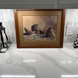 Vintage Print from Bernard Vetter Framed and double matted with Wire to hang of Native Broken Pots ans Turqoise String of Beads 22x18