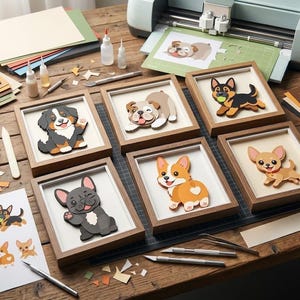 Può includere: Cinque cornici quadrate in legno contenenti ritagli di carta stratificati di varie razze canine, tra cui un bovaro del bernese, un bulldog, un pastore tedesco, un bulldog francese, un corgi e un chihuahua, esposti con strumenti.