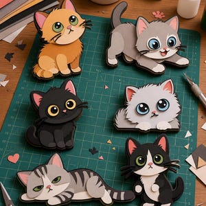 Pode incluir: Seis recortes de gatos em papel em camadas com várias cores e poses. A coleção inclui um gato laranja, um cinza, um preto, um gato branco fofo, um gato cinza tigrado e um gato preto e branco, todos com olhos grandes e expressivos.