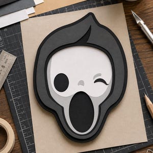 Puede incluir: Una pieza de arte en papel superpuesto que representa un personaje fantasma estilizado con capucha gris oscuro, cara blanca, un ojo circular negro grande y un ojo guiñando. El personaje tiene una boca ovalada negra grande y abierta.