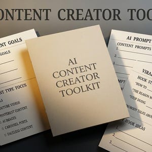 May include: An AI Content Creator Toolkit is displayed, featuring a central booklet and several worksheets. The booklet reads "AI Content Creator Toolkit." Worksheets include sections for content goals, prompt ideas, and viral hook generators. A digital download is available.