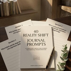 May include: A white journal titled "40 Reality Shift Journal Prompts" with a pen and several loose-leaf papers. The journal is for personal transformation and self-reflection. The image includes questions and a sprig of greenery.