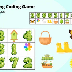 Puede incluir: Un juego de codificación con temática primaveral titulado "Spring Coding Game" con "10 páginas". La imagen presenta una cuadrícula de números e ilustraciones primaverales, como una mariposa, una cesta y botas de agua amarillas.