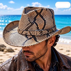 Kapelusz kowbojski ze skóry z nadrukiem Python, kapelusz rodeo w stylu western, szeroki bim, pasek z klamrą