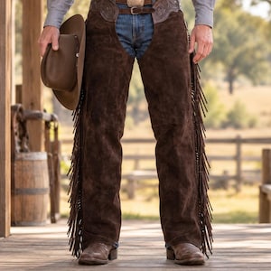 Handgjorda chaps i brunt mockaläder, western cowboy rodeo-plagg, bearbetade midjepaneler