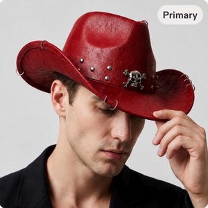 Men’s Leather Cowboy Hat, Skull Western Hat, Studded Wide Brim Cowboy Hat