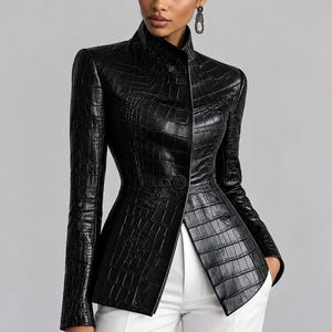 Può includere: Un blazer nero con colletto alto e un motivo testurizzato in pelle di coccodrillo. La giacca presenta una chiusura a bottone singolo in vita, maniche lunghe e una silhouette strutturata e aderente, abbinata a pantaloni bianchi semplici.