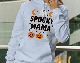 Spooky Mama" Hoodie. Halloween: pumpkins, moon, and stars; gift for "ghost mom" and family.