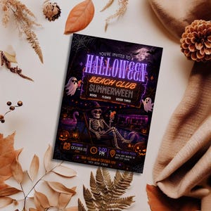 May include: A rectangular Halloween party invitation flyer featuring a skeleton in a hat and sunglasses lounging in a chair by a pool. The text reads: You're invited to a Halloween Beach Club Summerween, Boos, Floats, Good Times, October 25, 2:00 PM.