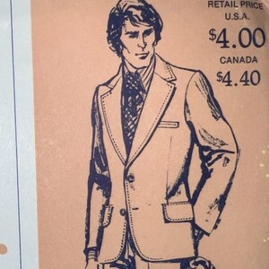 May include: Illustration of a man wearing a suit, tie, and collared shirt. The suit is light-colored with a two-button closure and pocket details. The image includes text indicating a suggested retail price of $4.00 in the U.S.A.