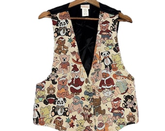 Chaleco navideño vintage con osito de peluche – Talla S para mujer, Hecho en EE. UU.