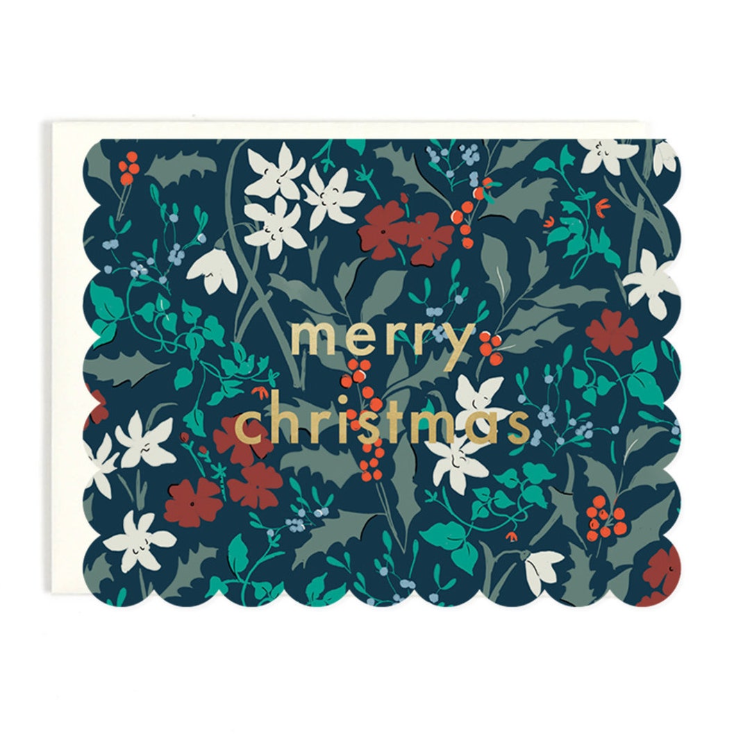 Merry Christmas Scalloped Floral Die Cut Holiday Card Etsy