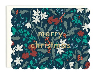 Merry Christmas Scalloped Floral - Die Cut Holiday Card