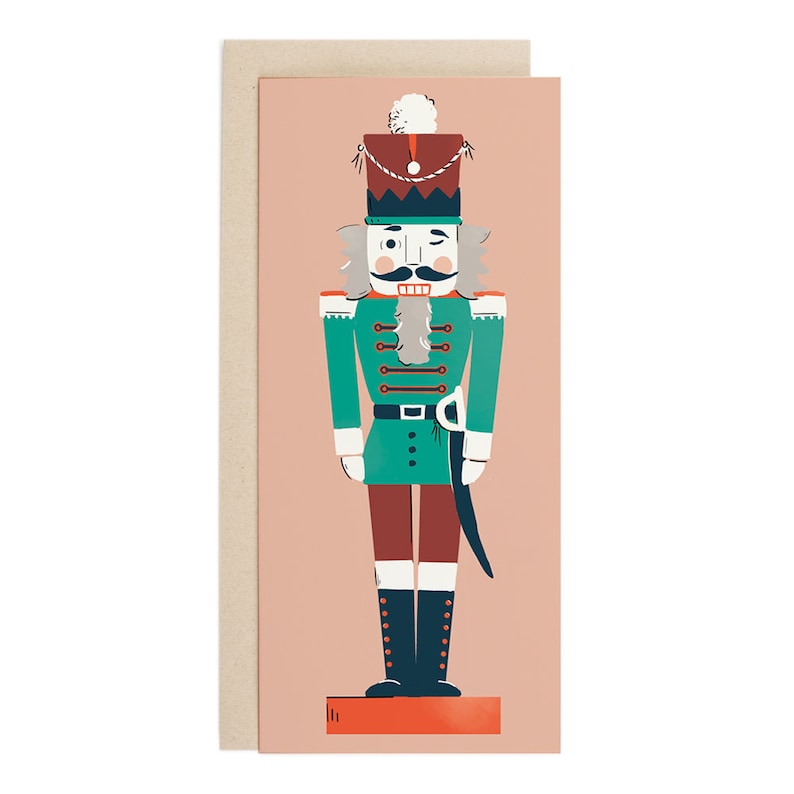 May include: A whimsical illustration of a nutcracker with a green uniform, red hat, and a white mustache. The nutcracker is winking and holding a sword. The background is a light pink color.