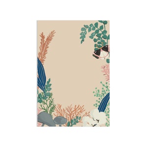 May include: A beige background with a floral border. The border features blue, green, and brown leaves, white cotton flowers, and a pink butterfly. There are also gray mushrooms at the bottom of the image.