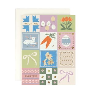 May include: Easter greeting card with a grid design. The card features squares with illustrations of a lamb, carrots, flowers, eggs, and bows. Text includes "Wishing You," "A," "Easter," and "Very Happy."