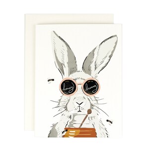 May include: A white rabbit wearing pink sunglasses with the words "honey" and "bunny" on the lenses. The rabbit is holding a jar of honey with a wooden dipper.