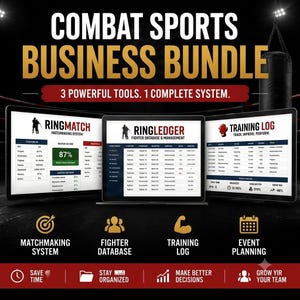 May include: A digital combat sports business bundle featuring three software tools: RingMatch matchmaking system, RingLedger fighter database, and a training log. The display shows data tables, performance metrics, and organizational icons.