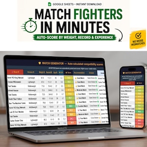 May include: A laptop and smartphone display a boxing match generator with a table of fighter data, including weight, record, and scores. The screen shows the text "MATCH FIGHTERS IN MINUTES". A green timer icon is visible.