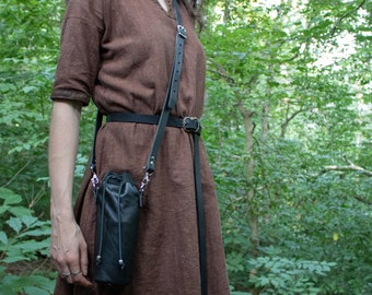 Water Bottle Leather Bag, Interchangable Belt or Cross Body - Hiking, LARP - /F/ (AB)