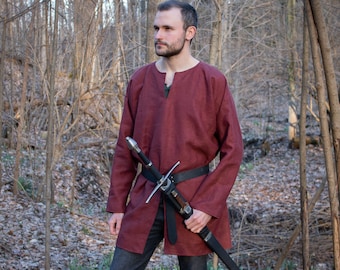 Medieval Tunic Linen with Riding Slit, LARP Ren Fest - Mens Large One Size - /P/ (LB)