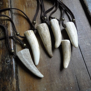 Deer Antler Necklace, Antler Point Pendant, Real Genuine, Deerskin Leather Cord & Brass Beads /F/ AB image 1