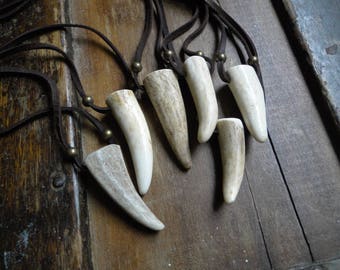 Deer Antler Necklace, Antler Point Pendant, Real Genuine, Deerskin Leather Cord & Brass Beads