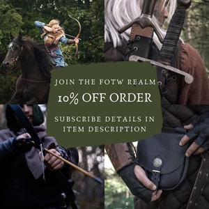 May include: A collage of images featuring medieval-style clothing and accessories, including a leather belt with a sword, a leather pouch, a bow and arrow, and a person riding a horse. The text "JOIN THE FOTW REALM 10% OFF ORDER SUBSCRIBE DETAILS IN ITEM DESCRIPTION" is displayed on a green background.