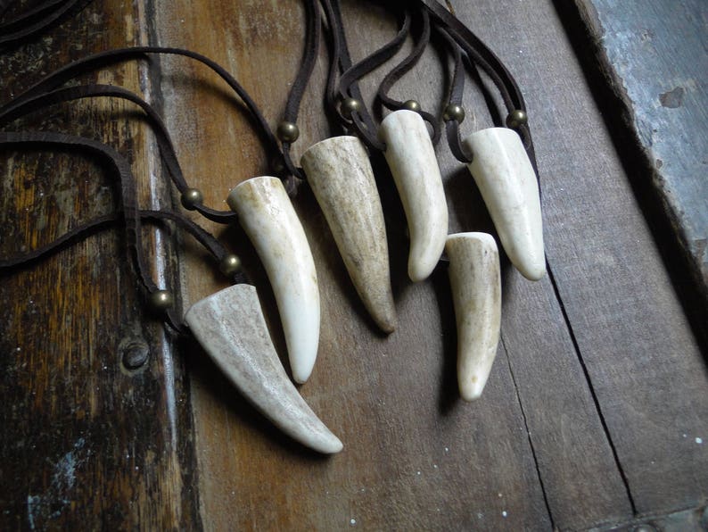 Deer Antler Necklace, Antler Point Pendant, Real Genuine, Deerskin Leather Cord & Brass Beads /F/ AB image 1