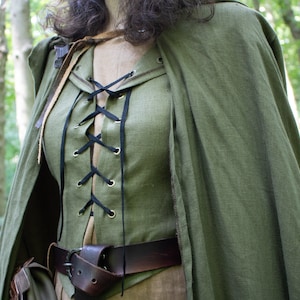 Medieval Hooded Vest, Elven Woodland Festival, Women's Lace Up Linen Bodice /F/ (LB)