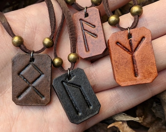 Rune Necklace Pendant Leather - Choose Your Rune & Color - Viking Pagan Gift
