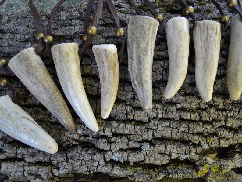 Deer Antler Necklace, Antler Point Pendant, Real Genuine, Deerskin Leather Cord & Brass Beads /F/ AB image 5