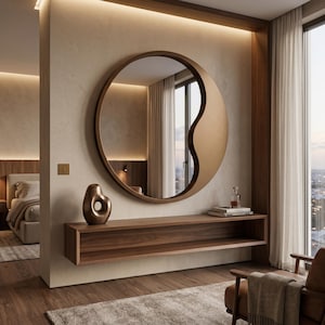 May include: A large circular wall mirror with a thick, asymmetrical bronze-toned frame featuring a curved cutout design. The mirror is mounted above a long, rectangular floating wooden shelf with a smooth, dark brown wood grain finish.