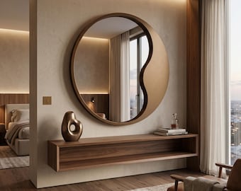 Asymmetrical Round Wall Mirror, Modern Black Mirror, Large Statement Mirror, Minimalist Wall Decor, Contemporary Home Accent