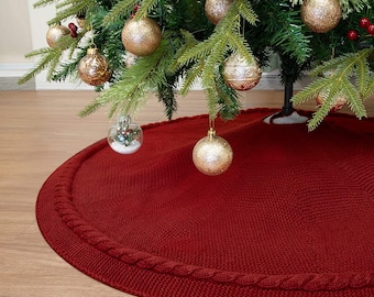 RubysVintageemporium Christmas Tree Skirt, 48 inches Cable Knit Knitted Thick Rustic Xmas Holiday Decoration, Burgundy
