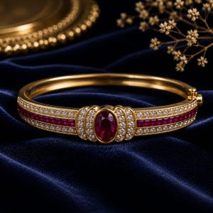 Puede incluir: Un brazalete rígido de oro con bisagra que presenta un rubí rojo intenso de corte ovalado en el centro, rodeado de pequeños diamantes blancos redondos. La banda incluye una fila de rubíes cuadrados engastados en canal y diamantes pavé.
