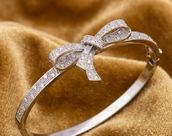 Bransoletka z kokardą z moissanitu, 14-karatowe białe złoto, srebro próby 925, ręcznie robiona bransoletka, bransoletka z diamentami, elegancka bransoletka damska, delikatny luksusowy prezent
