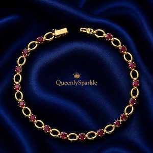 14K Yellow Gold Red Ruby Bracelet Round Tennis Bracelet For Women , Diamond Stackable Bracelet, Eco Friendly Red Ruby Bracelet Gift for Her