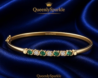 Handmade Emerald & Diamond Bangle Bracelet ,14K Yellow Gold Plated on 925 Sterling Silver, Round Green Gemstone Elegant Jewelry Gift for Her