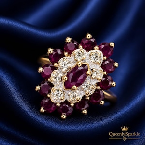 Vintage Ruby Cluster Ring|14K Yellow Gold Plated Ruby Halo Cocktail Ring|Marquise Ruby Floral Statement Ring|July Birthstone Gift for Women